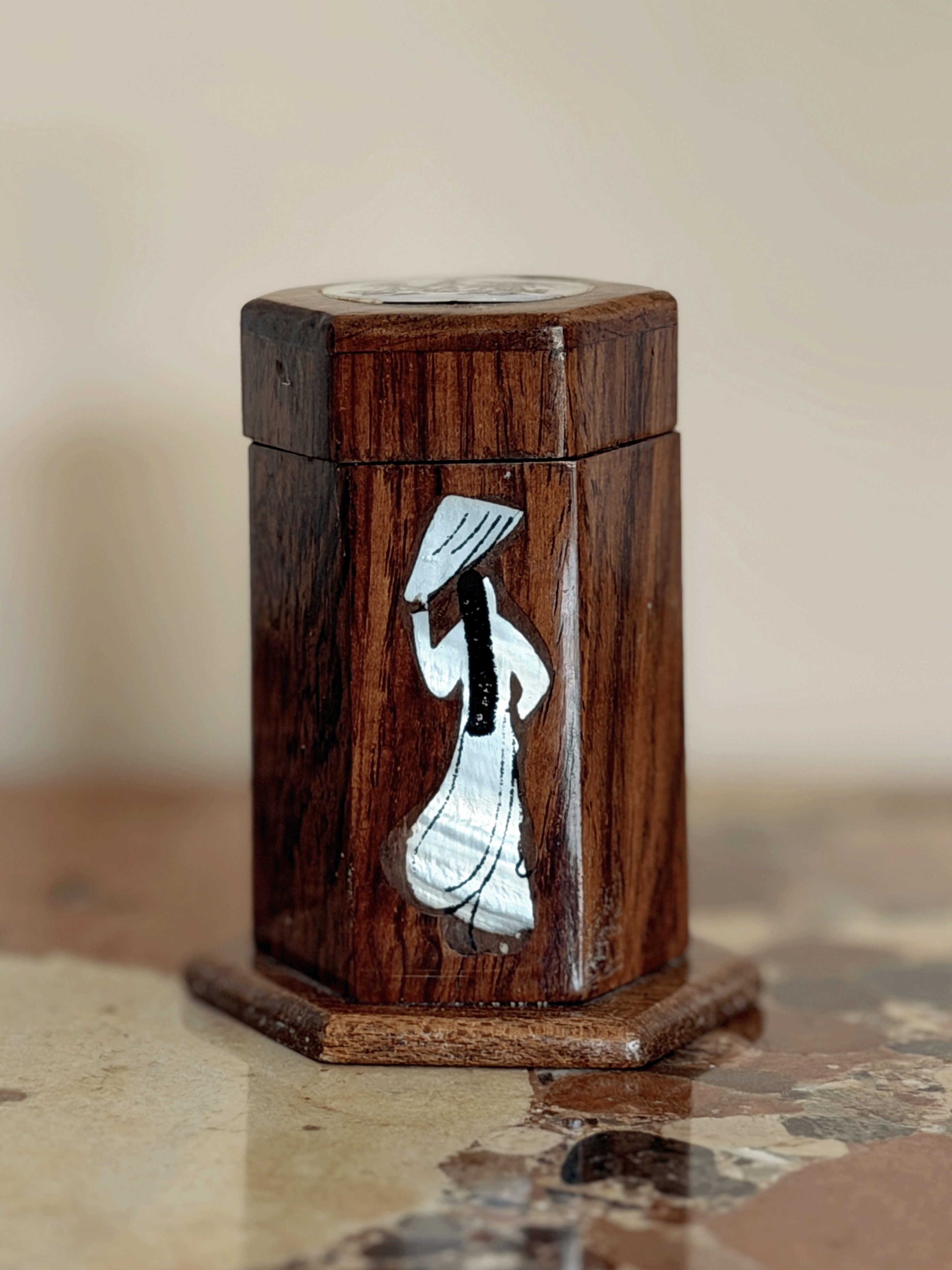 Vintage Vietnamese Rosewood & Mother-of-Pearl Inlay Hexagonal Toothpick Box