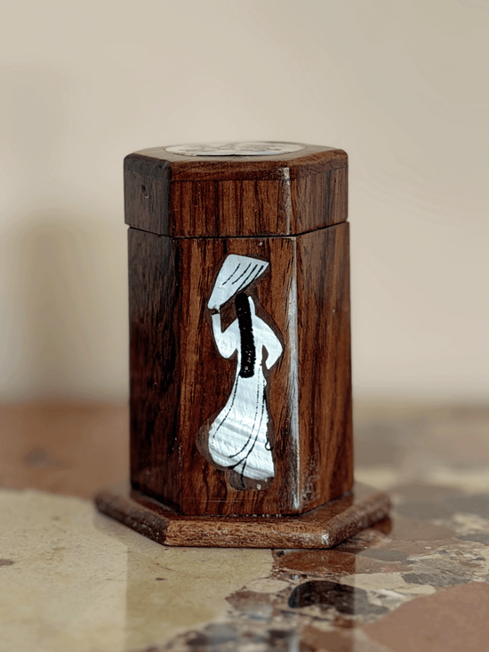 Vintage Vietnamese Rosewood & Mother-of-Pearl Inlay Hexagonal Toothpick Box