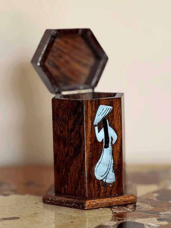 Vintage Vietnamese Rosewood & Mother-of-Pearl Inlay Hexagonal Toothpick Box