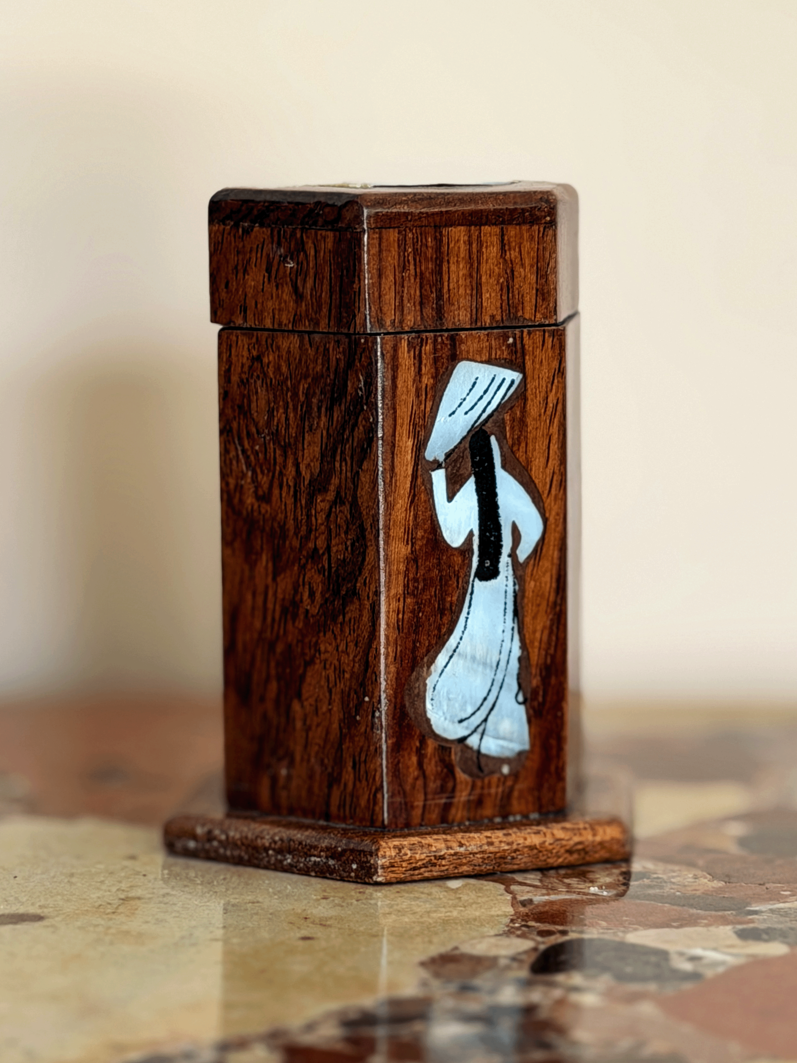 Vintage Vietnamese Rosewood & Mother-of-Pearl Inlay Hexagonal Toothpick Box