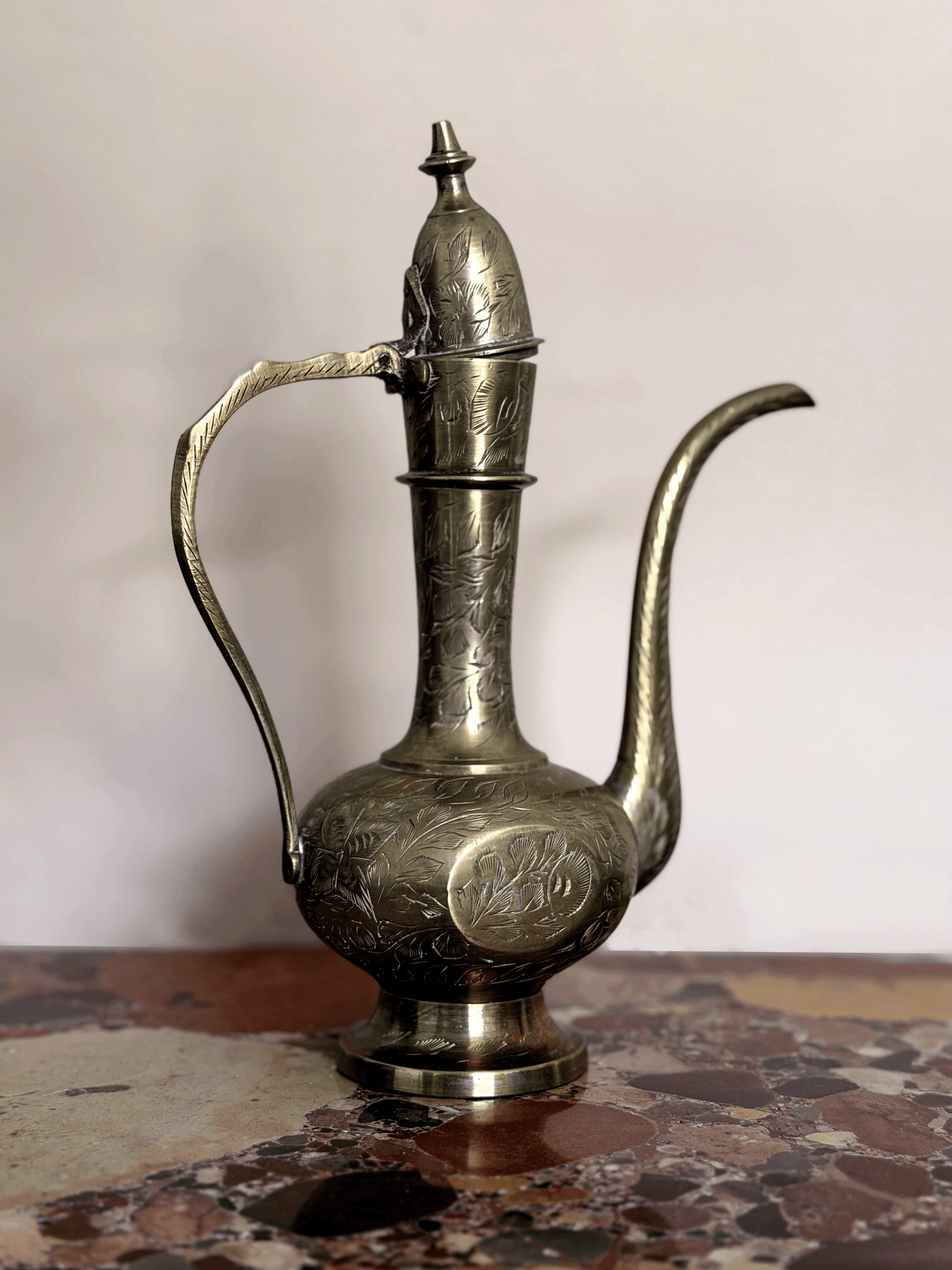 Vintage Mid-Century Hand-Stamped Indian Brass Aftaba Ewer Pitcher