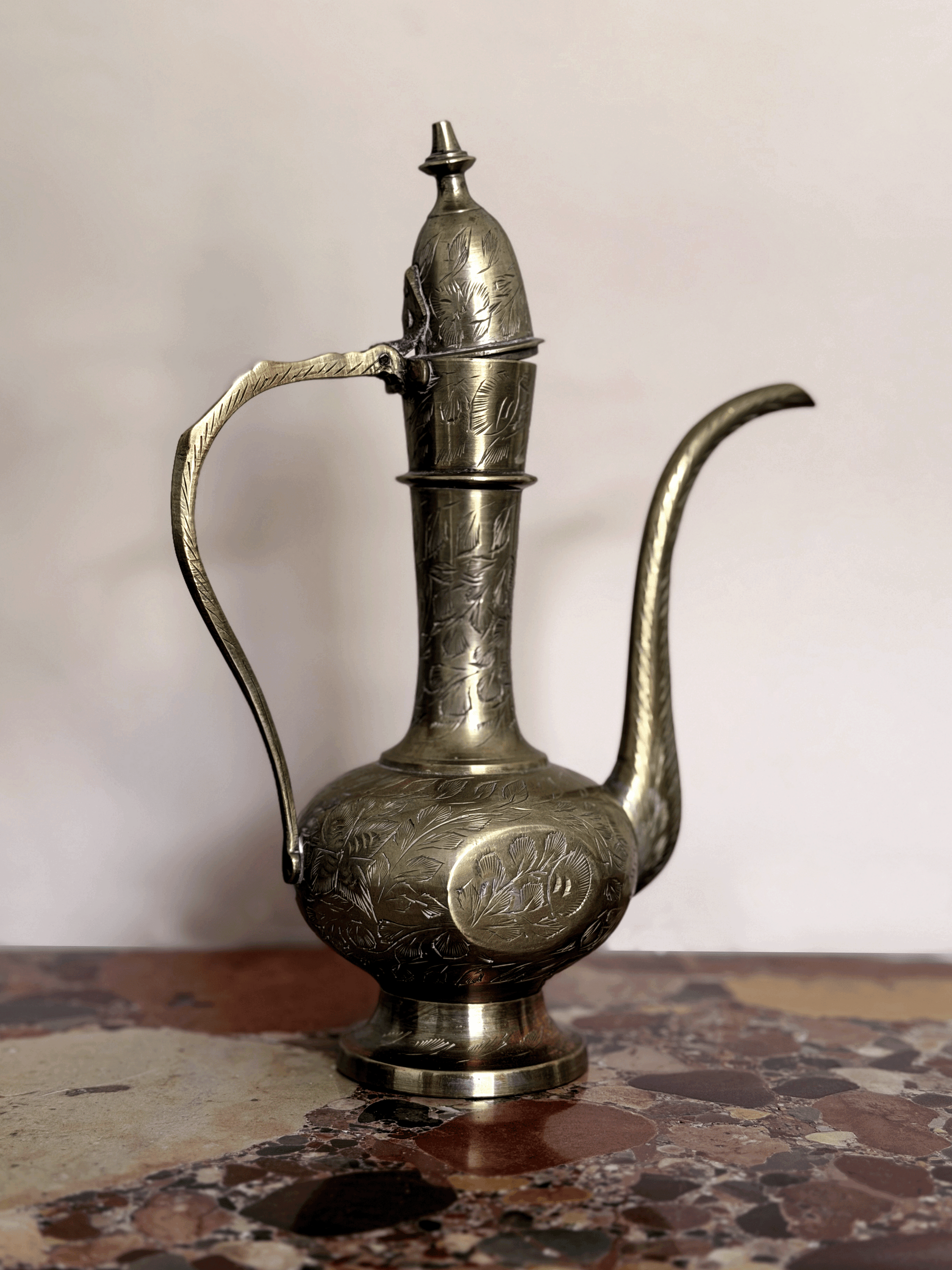 Vintage Mid-Century Hand-Stamped Indian Brass Aftaba Ewer Pitcher