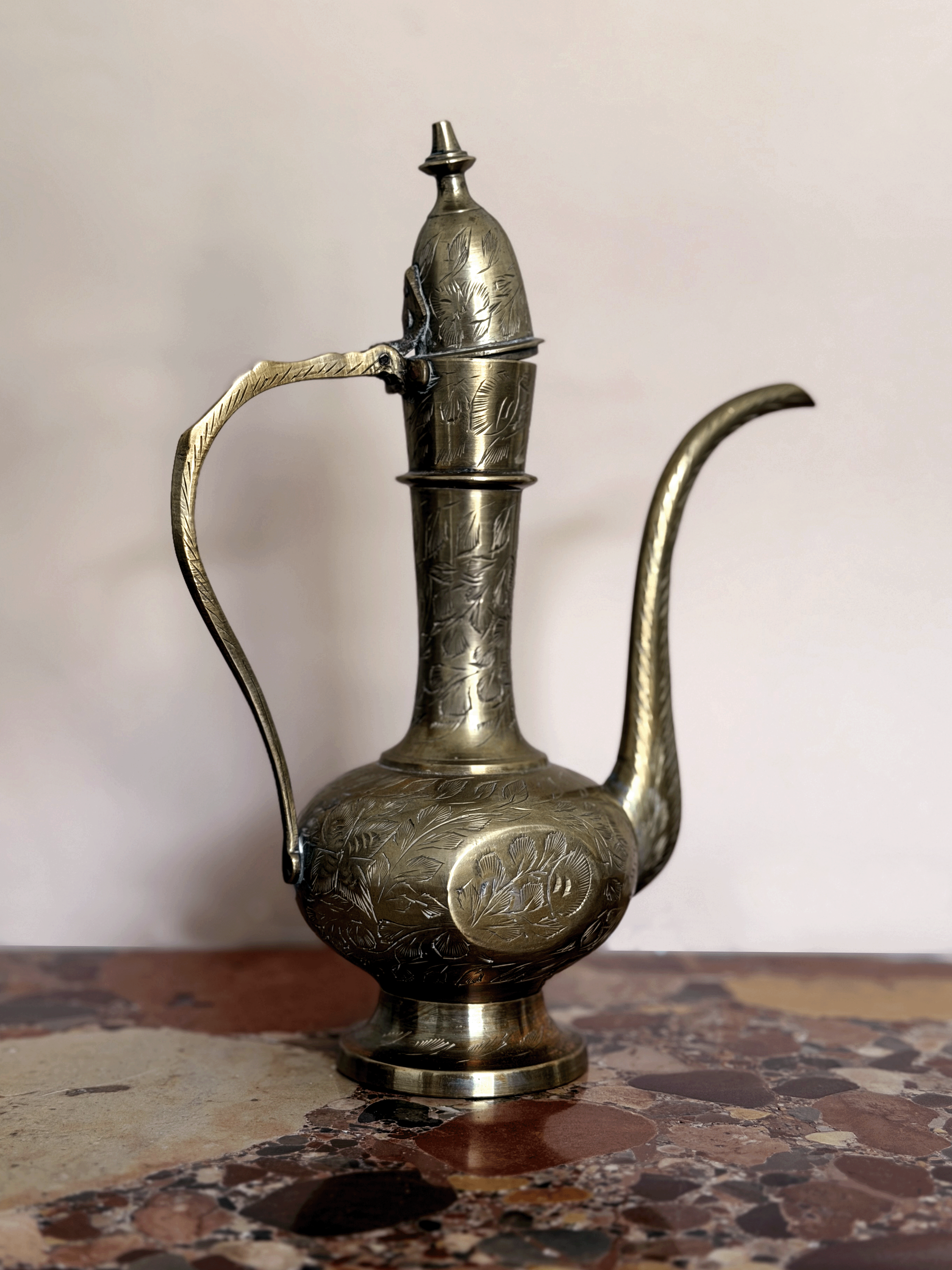 Vintage Mid-Century Hand-Stamped Indian Brass Aftaba Ewer Pitcher