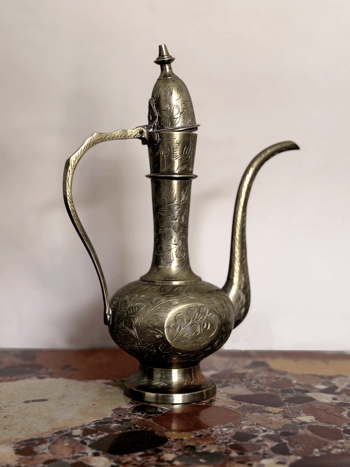 Vintage Mid-Century Hand-Stamped Indian Brass Aftaba Ewer Pitcher