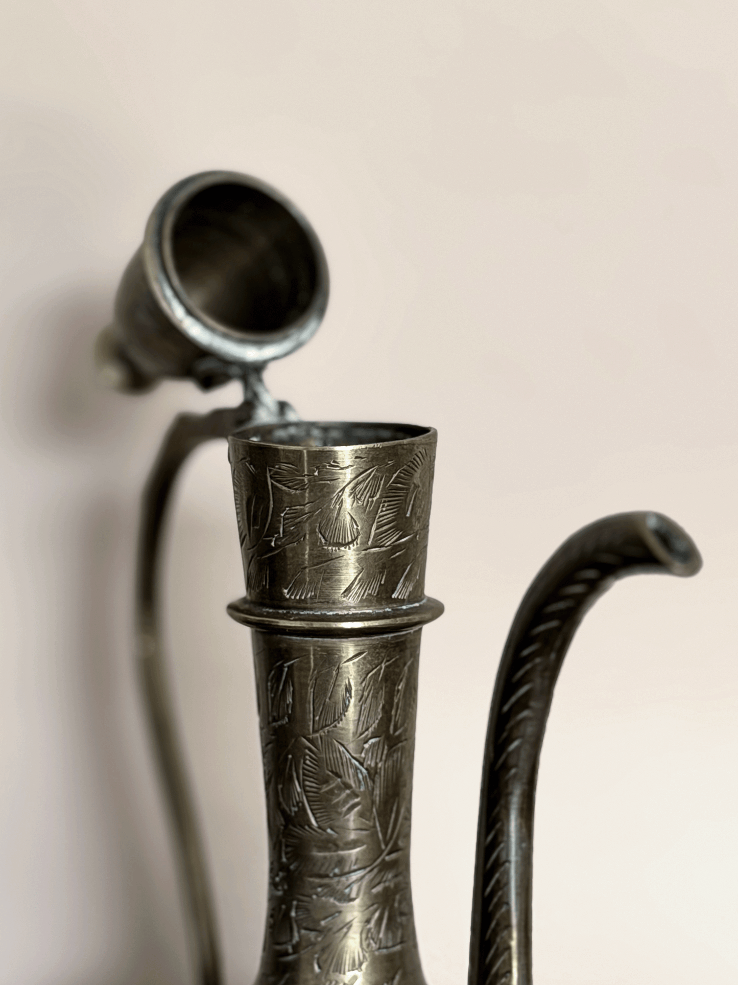 Vintage Mid-Century Hand-Stamped Indian Brass Aftaba Ewer Pitcher