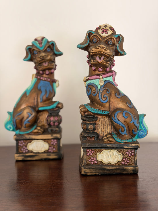 Vintage Mid-Century Hand-Carved Giltwood Polychrome Guardian Lions, Pair