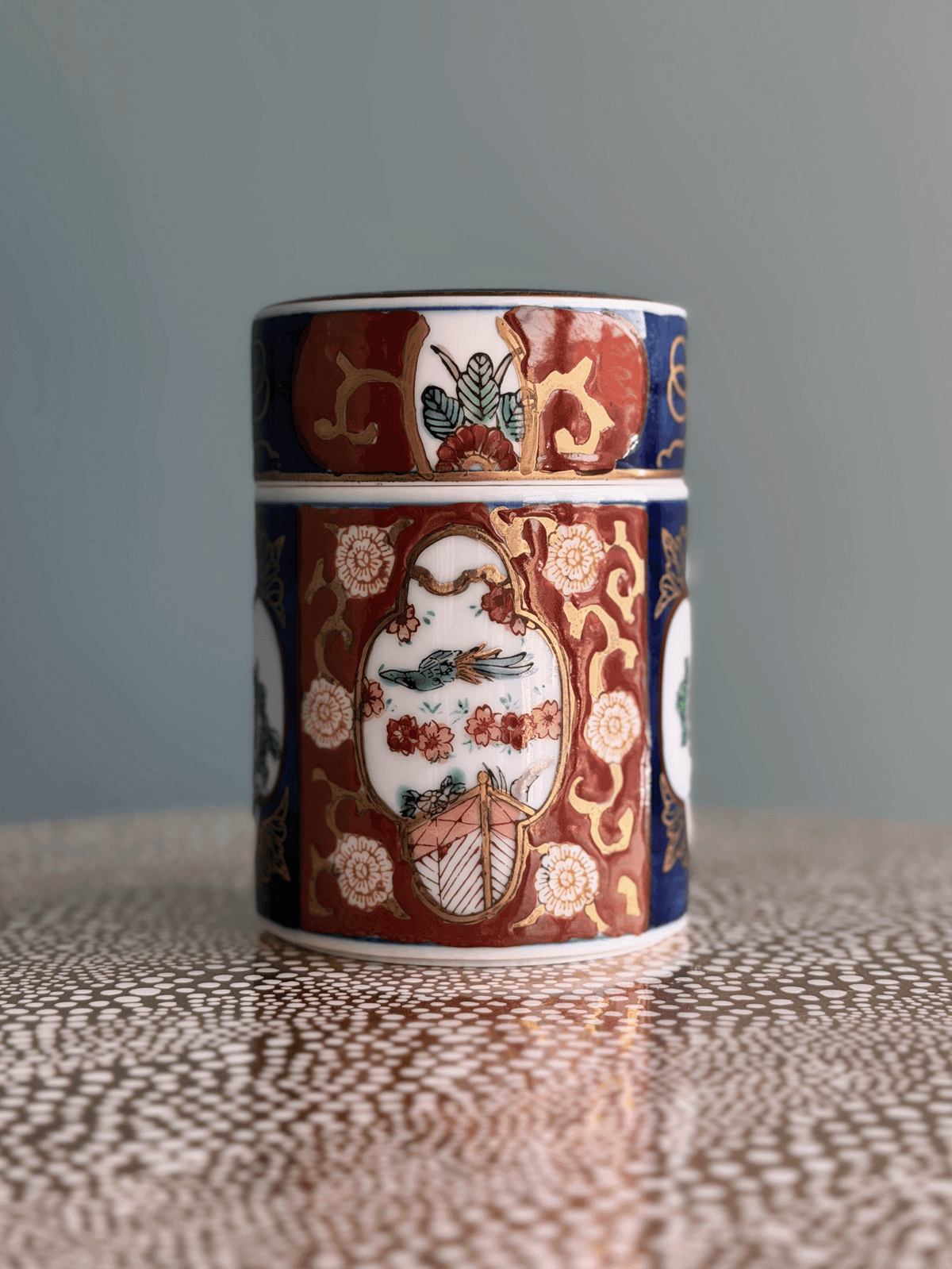 Vintage Gold Imari Hand-Painted Porcelain Tea Caddy Jar with Original Tag