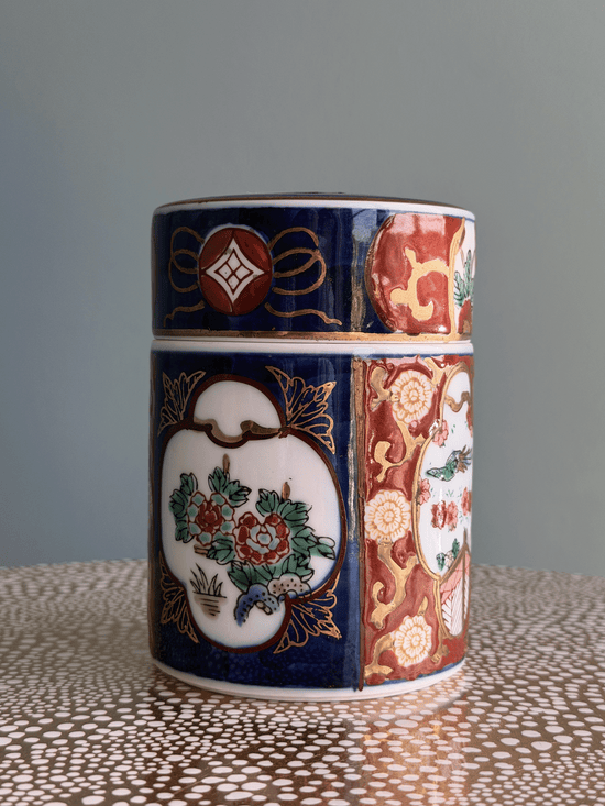Vintage Gold Imari Hand-Painted Porcelain Tea Caddy Jar with Original Tag