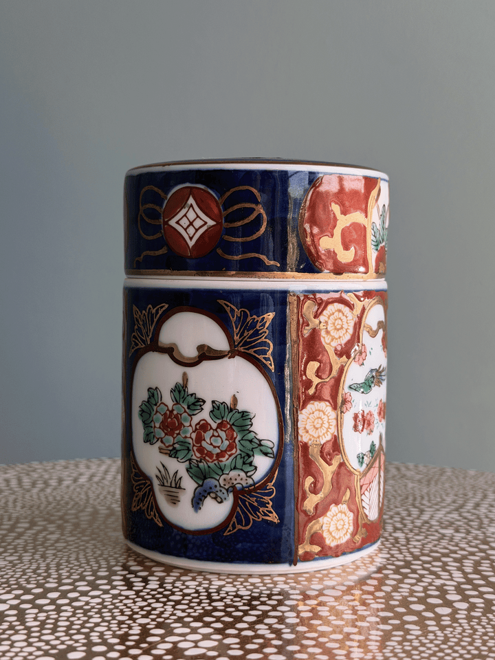 Vintage Gold Imari Hand-Painted Porcelain Tea Caddy Jar with Original Tag