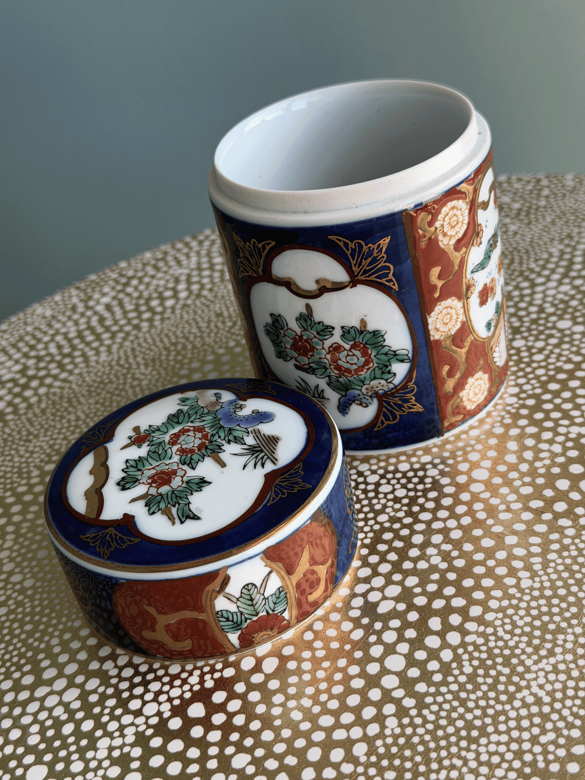 Vintage Gold Imari Hand-Painted Porcelain Tea Caddy Jar with Original Tag