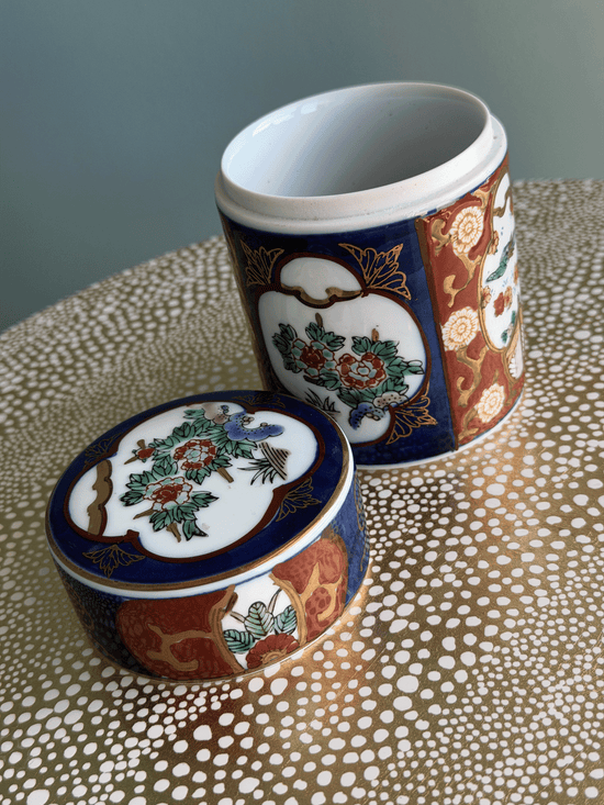 Vintage Gold Imari Hand-Painted Porcelain Tea Caddy Jar with Original Tag