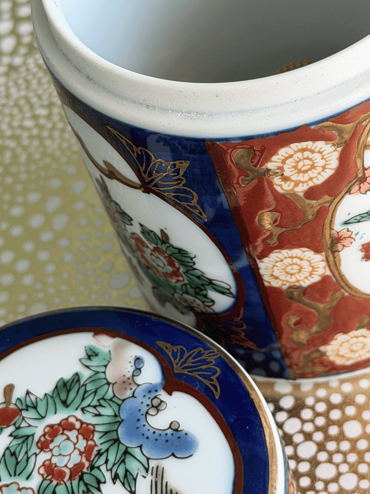 Vintage Gold Imari Hand-Painted Porcelain Tea Caddy Jar with Original Tag