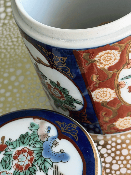 Vintage Gold Imari Hand-Painted Porcelain Tea Caddy Jar with Original Tag