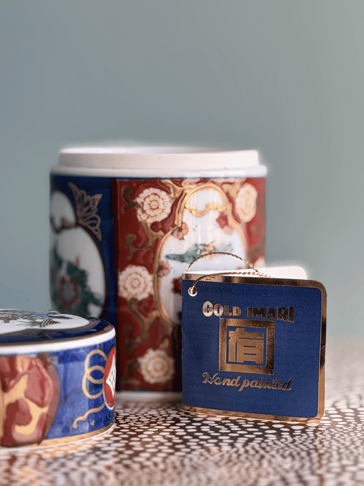 Vintage Gold Imari Hand-Painted Porcelain Tea Caddy Jar with Original Tag