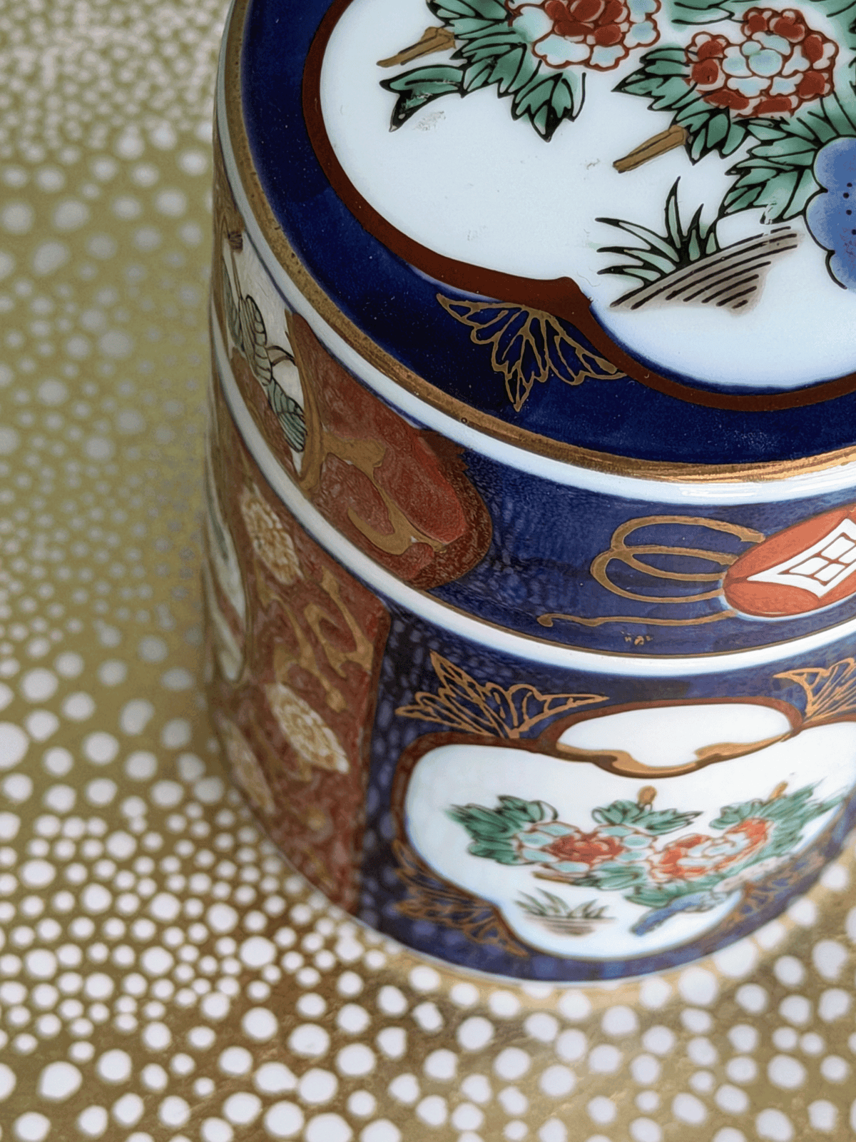 Vintage Gold Imari Hand-Painted Porcelain Tea Caddy Jar with Original Tag
