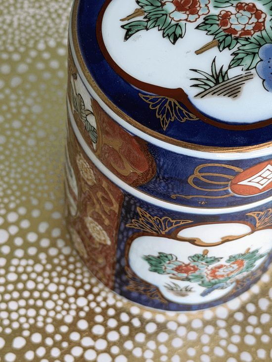 Vintage Gold Imari Hand-Painted Porcelain Tea Caddy Jar with Original Tag
