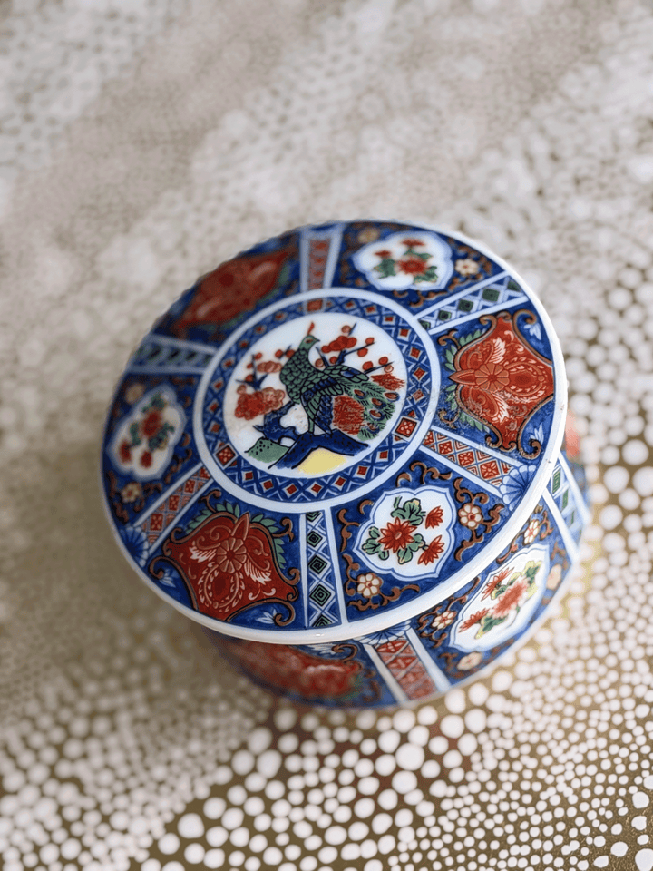 Vintage Takahashi Japan Imari Peacock Porcelain Lidded Trinket Box