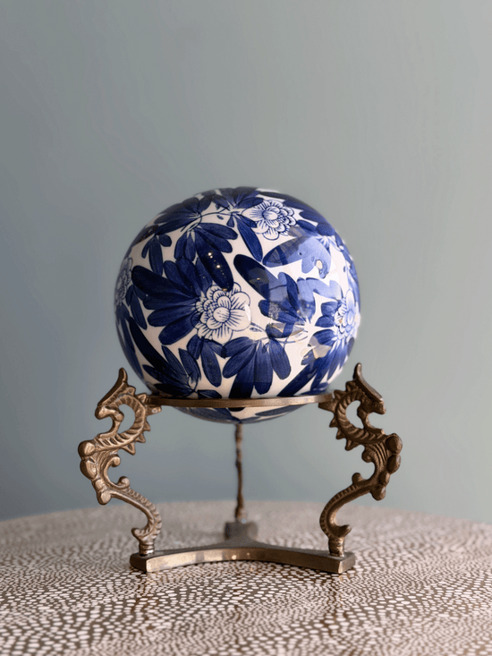 Vintage Large Blue and White Porcelain Chrysanthemum Sphere with Brass Dragon Stand