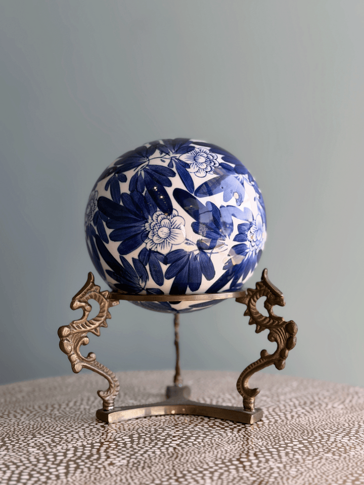 Vintage Large Blue and White Porcelain Chrysanthemum Sphere with Brass Dragon Stand