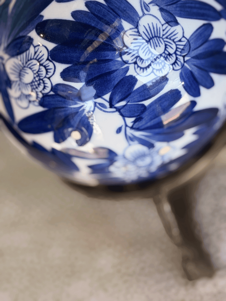 Vintage Large Blue and White Porcelain Chrysanthemum Sphere with Brass Dragon Stand