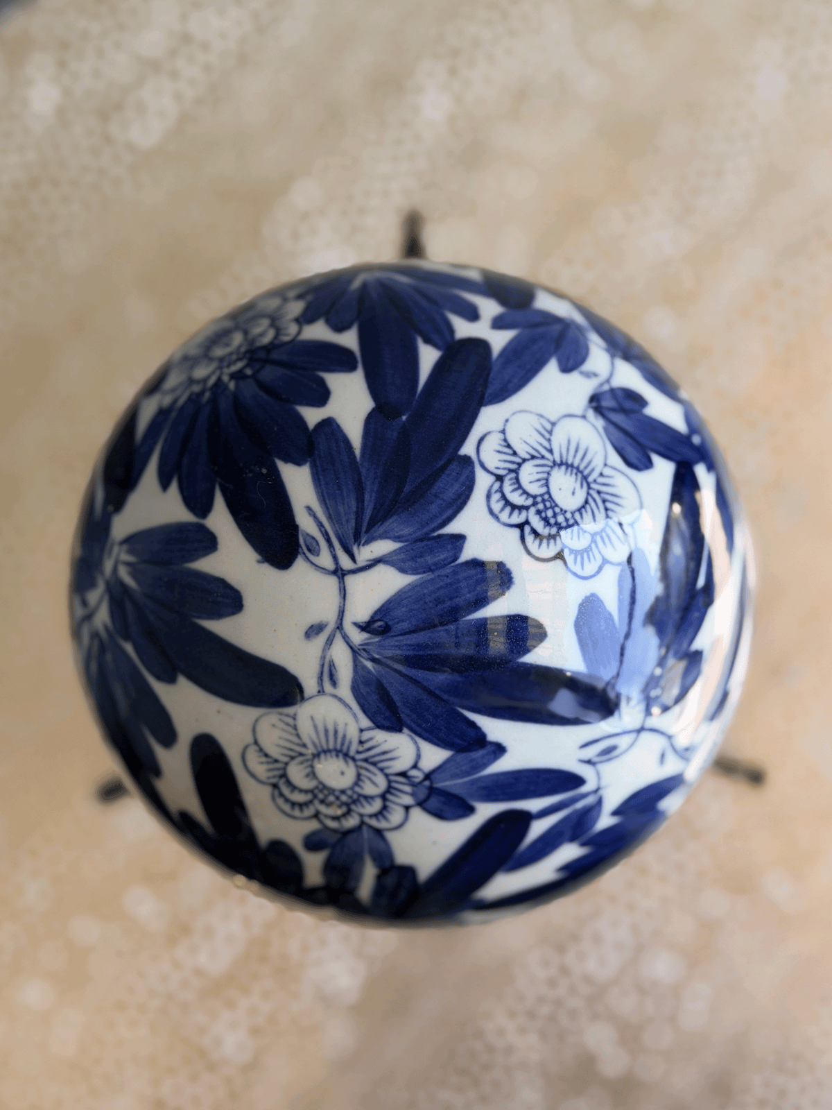 Vintage Large Blue and White Porcelain Chrysanthemum Sphere with Brass Dragon Stand