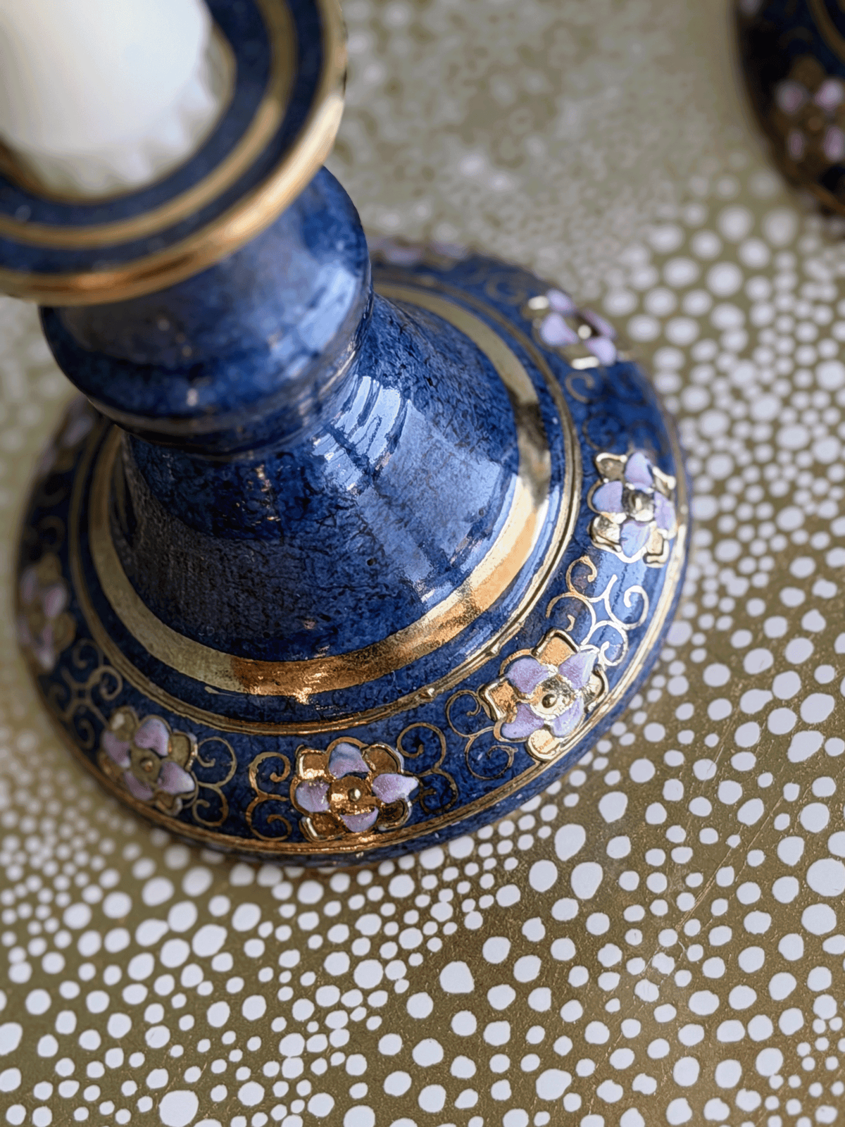 Vintage Toyo Cobalt Blue and Gold Porcelain Candlestick Holders, Pair