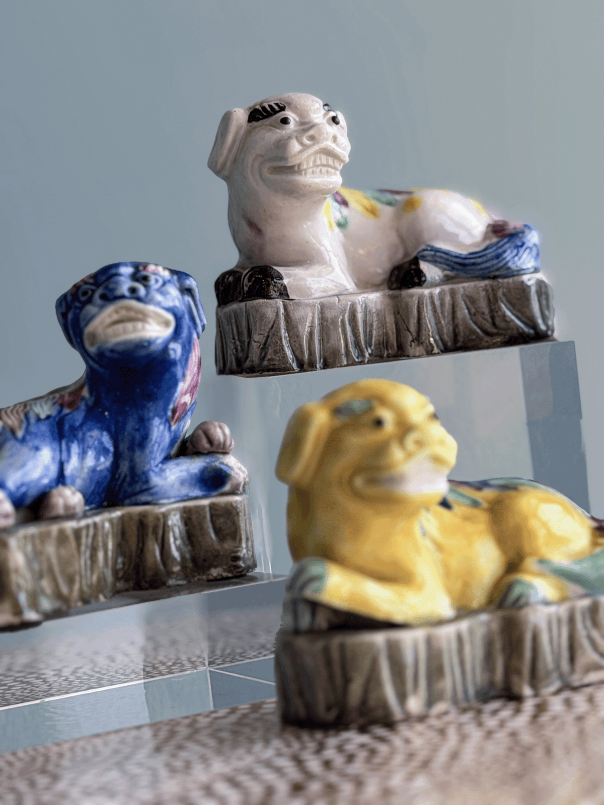 Antique 19th C Chinese Shiwan Sancai Pottery Foo Dogs | Set of 4
