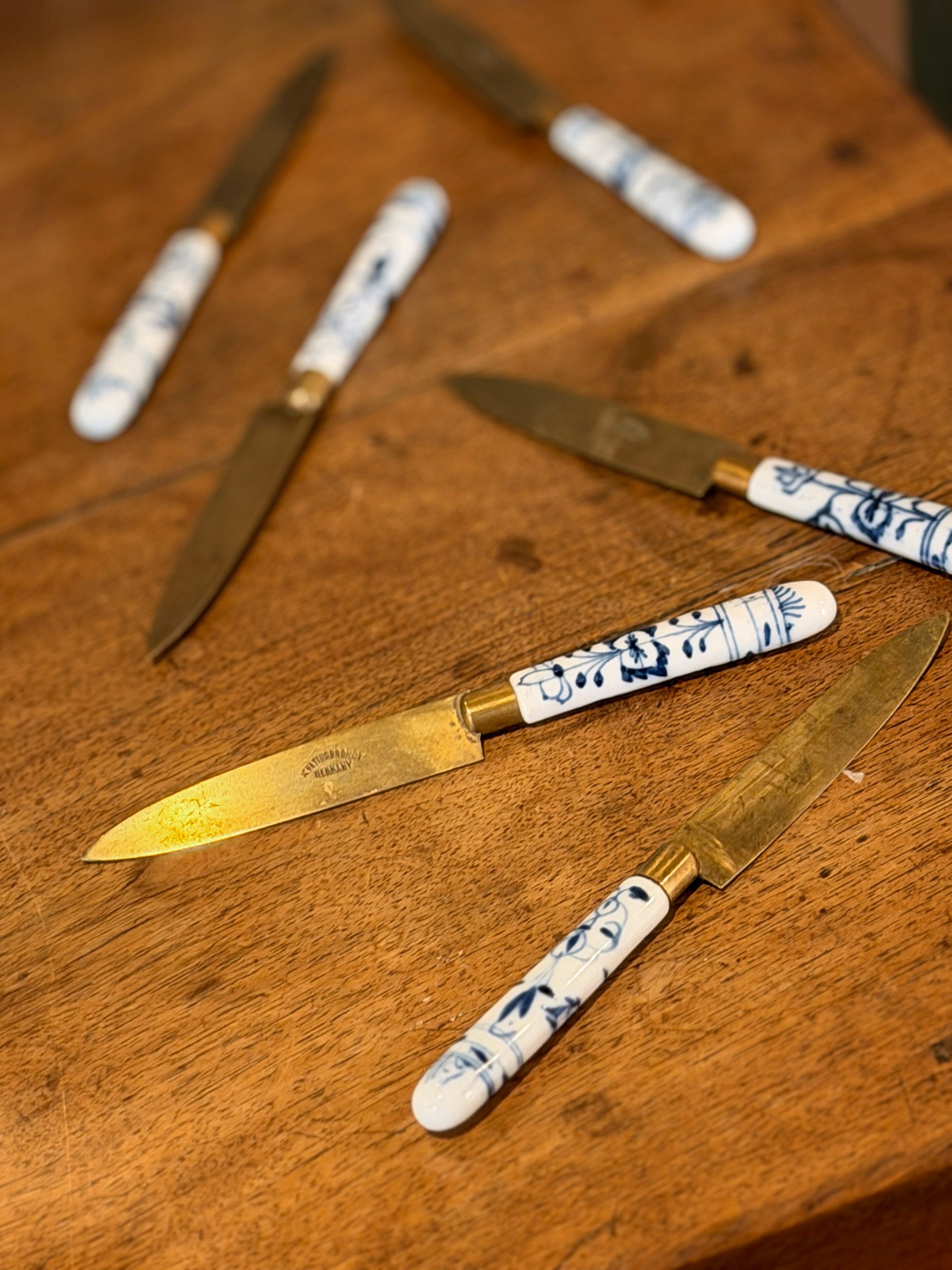 Vintage German Brass & Porcelain Knife Set