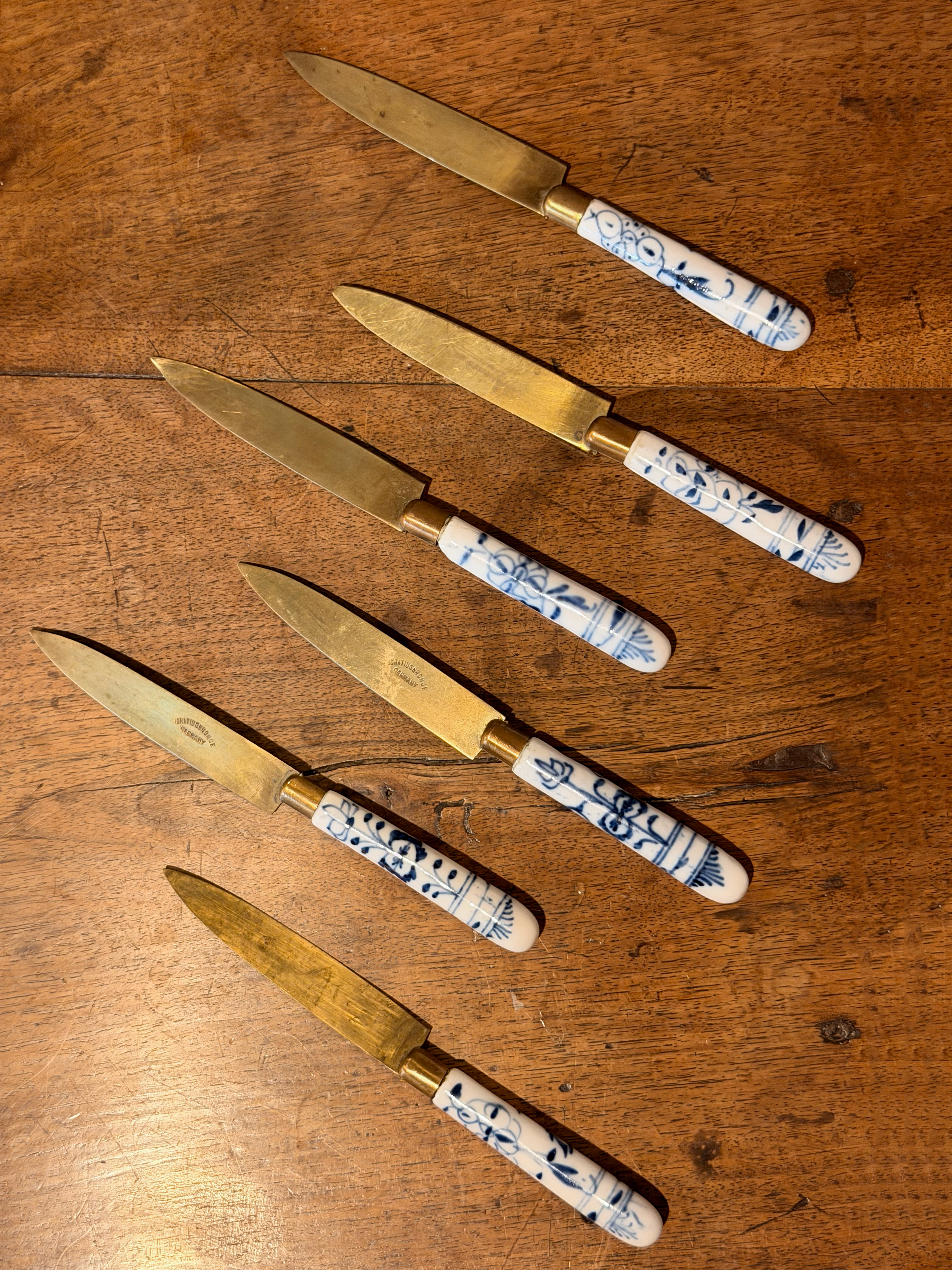Vintage German Brass & Porcelain Knife Set