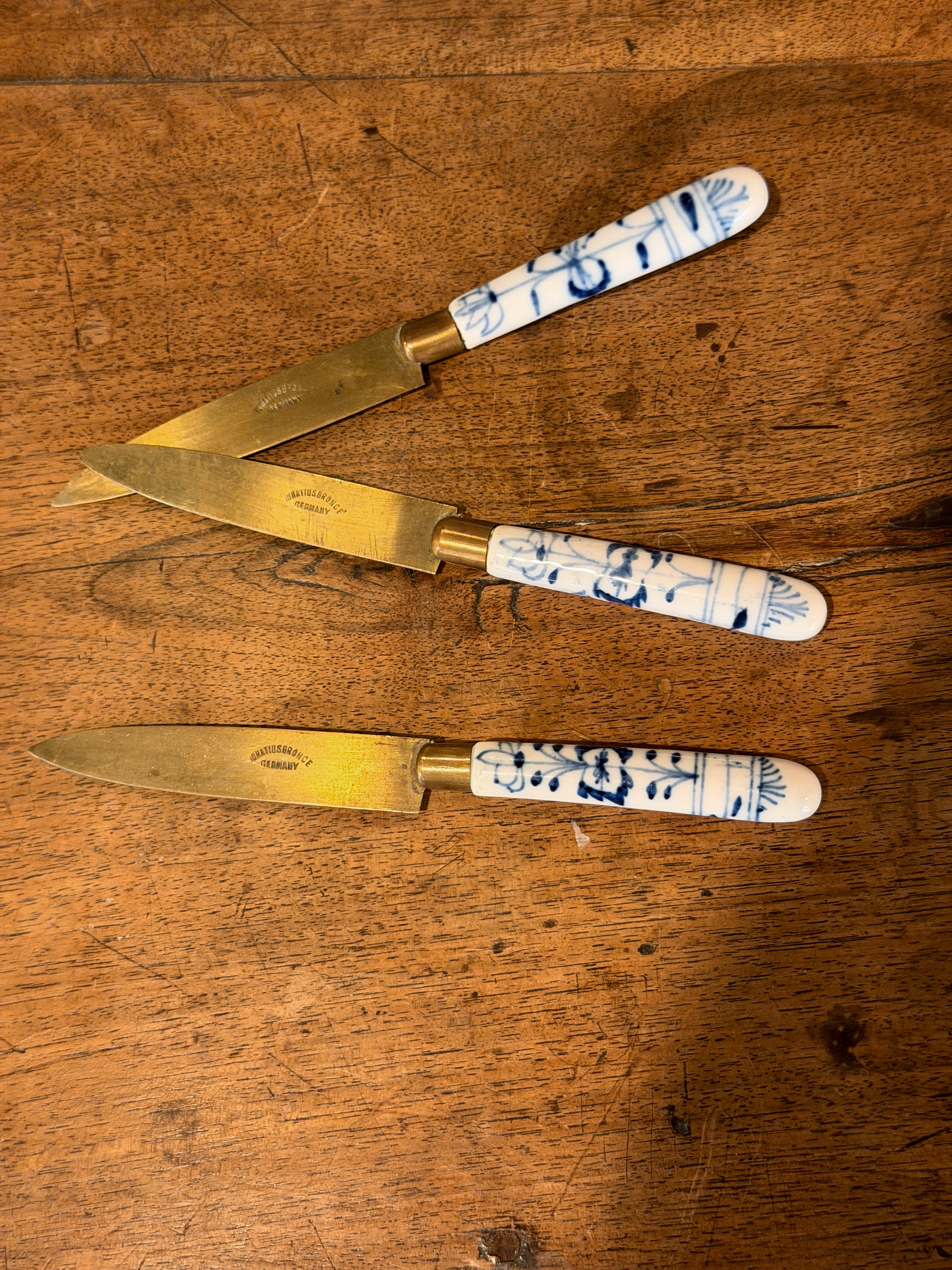 Vintage German Brass & Porcelain Knife Set