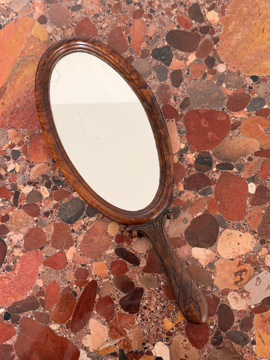 Antique Edwardian Art Nouveau Pyrography Carved Walnut Hand Mirror