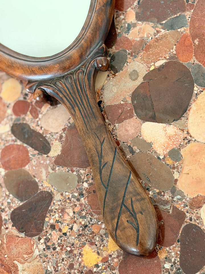 Antique Edwardian Art Nouveau Pyrography Carved Walnut Hand Mirror