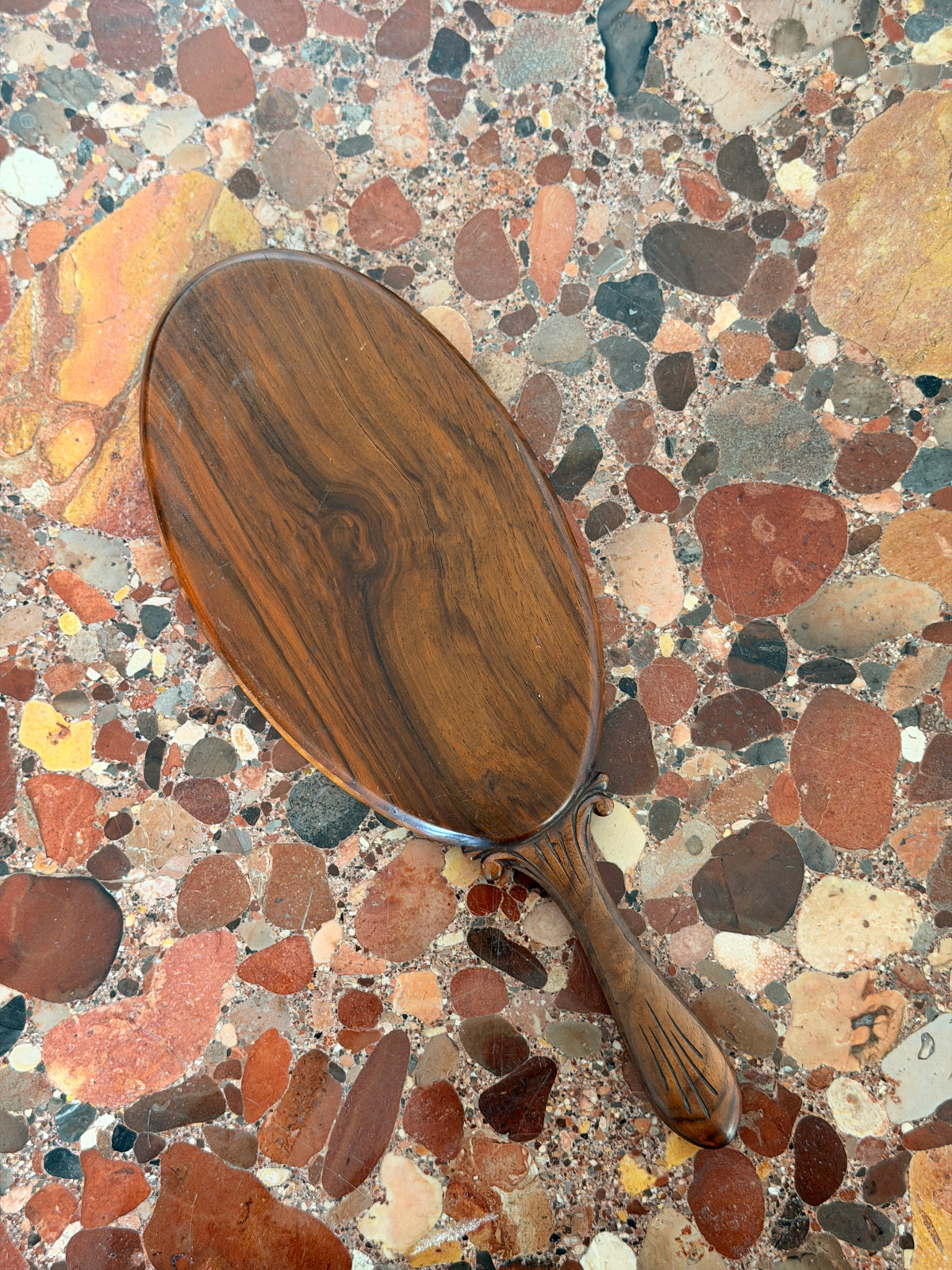 Antique Edwardian Art Nouveau Pyrography Carved Walnut Hand Mirror
