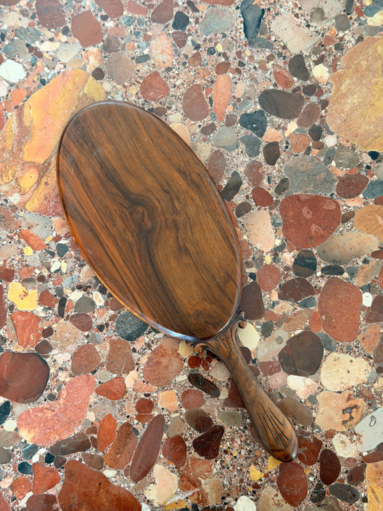 Antique Edwardian Art Nouveau Pyrography Carved Walnut Hand Mirror