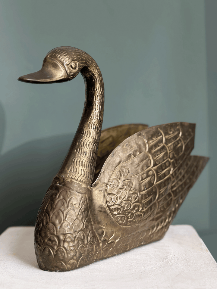 Vintage Mid-Century Hollywood Regency Solid Brass Swan Planter Caddy
