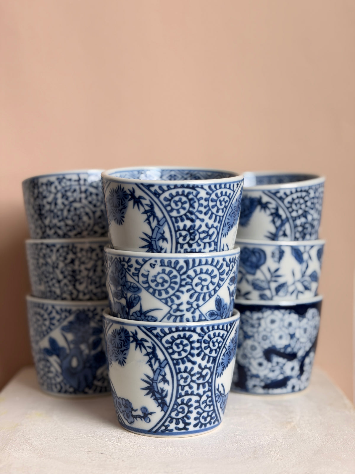 Blue & White Chinoiserie Ceramic Cups, Set of 9
