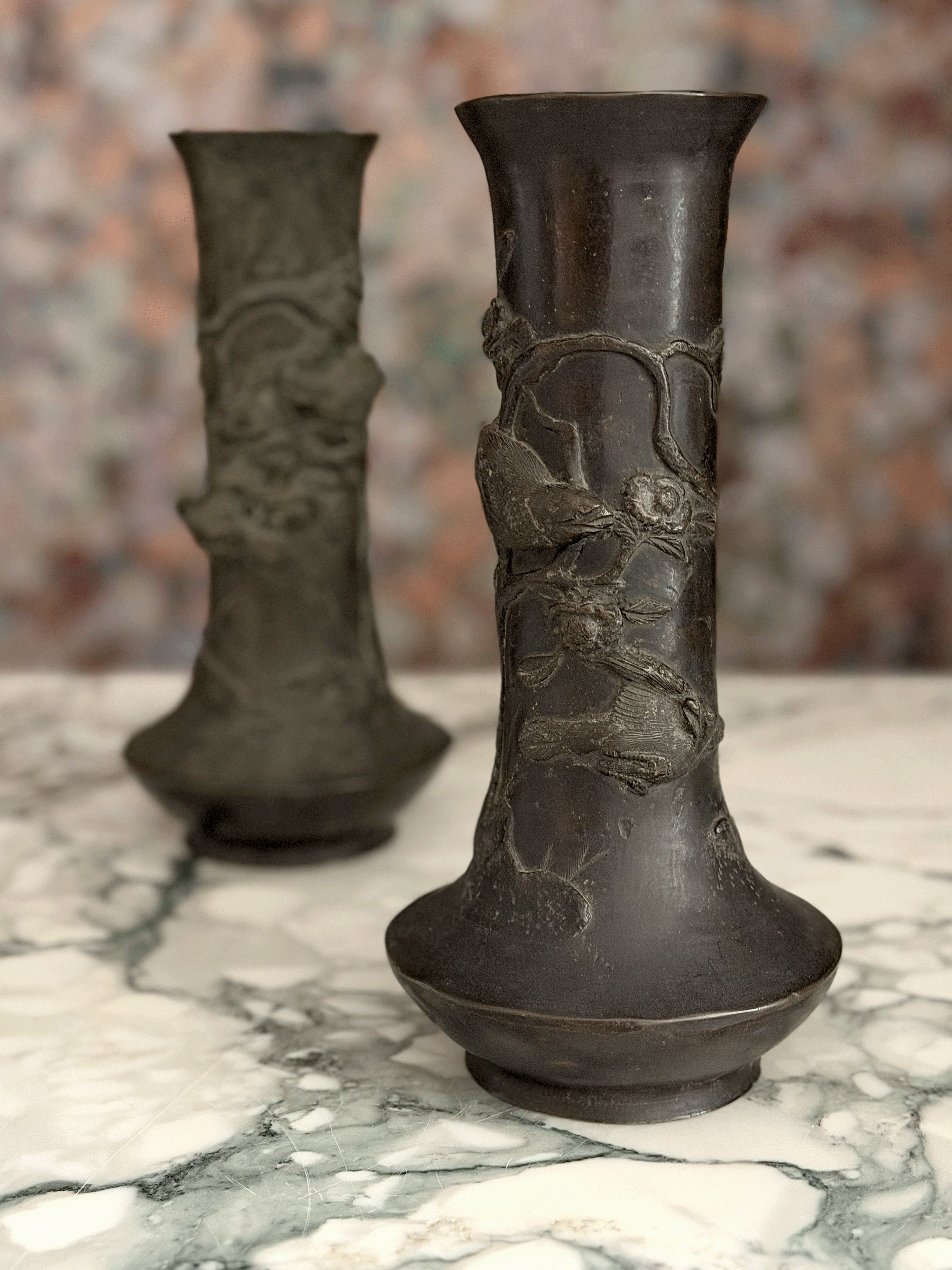Pair of Antique Bronze Vases with Birds