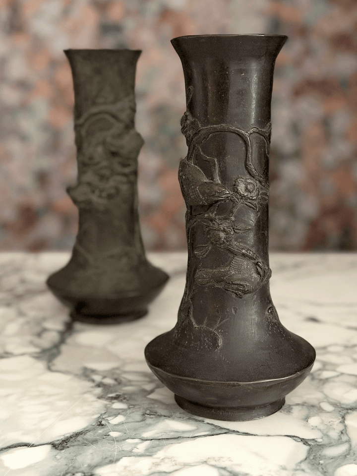 Pair of Antique Bronze Vases with Birds