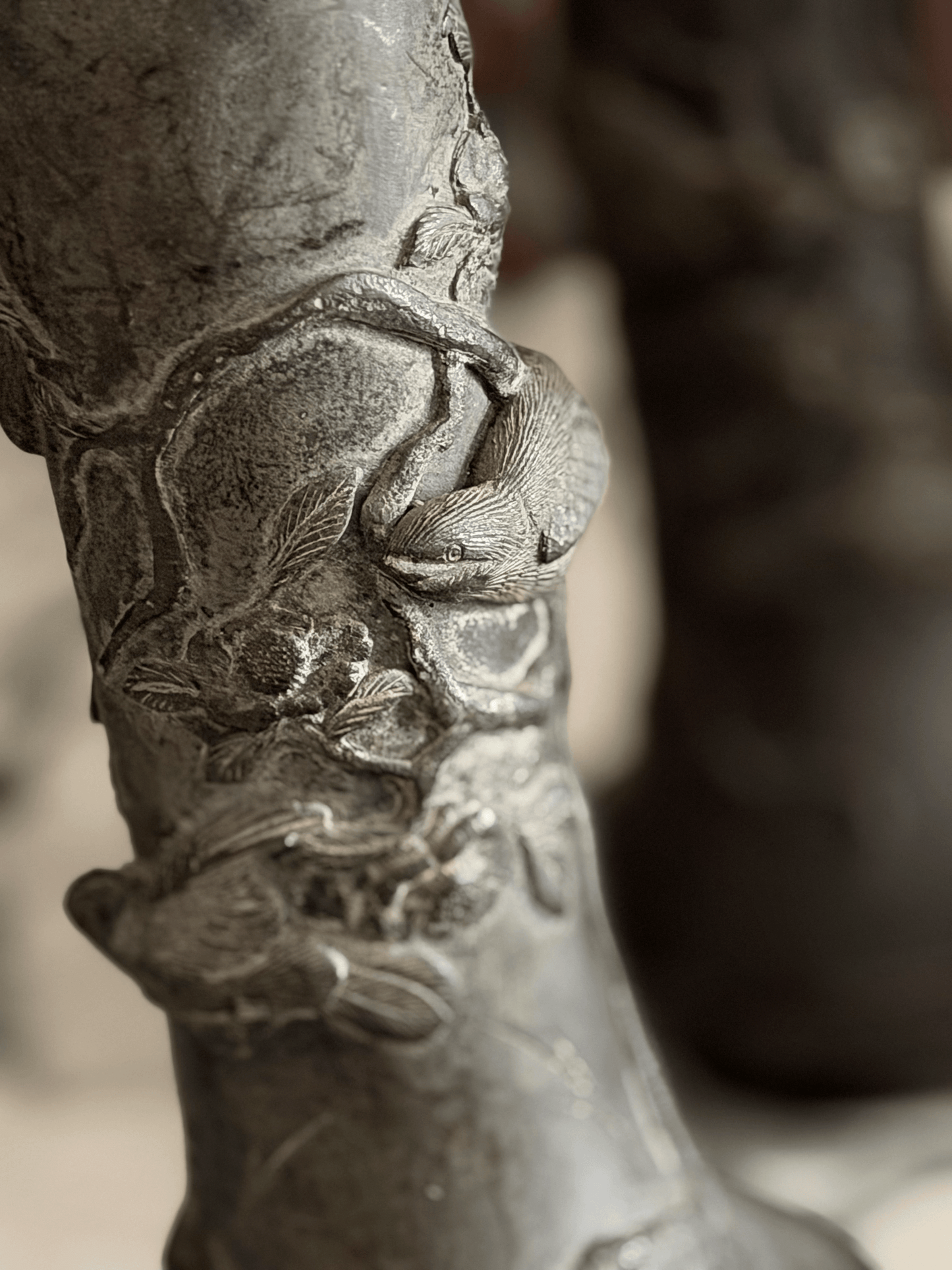 Pair of Antique Bronze Vases with Birds