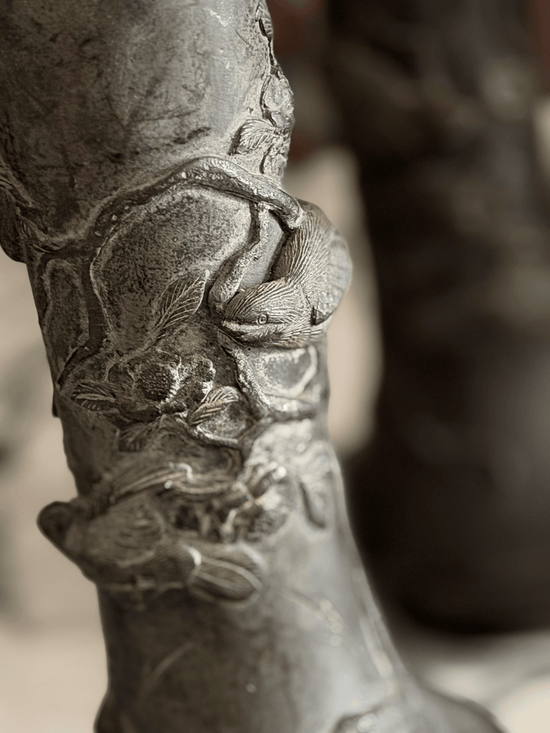 Pair of Antique Bronze Vases with Birds