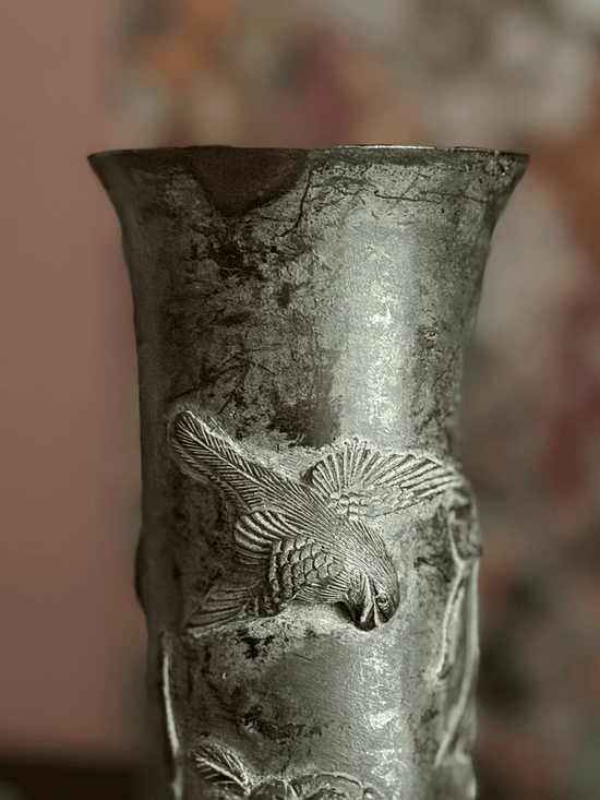 Pair of Antique Bronze Vases with Birds