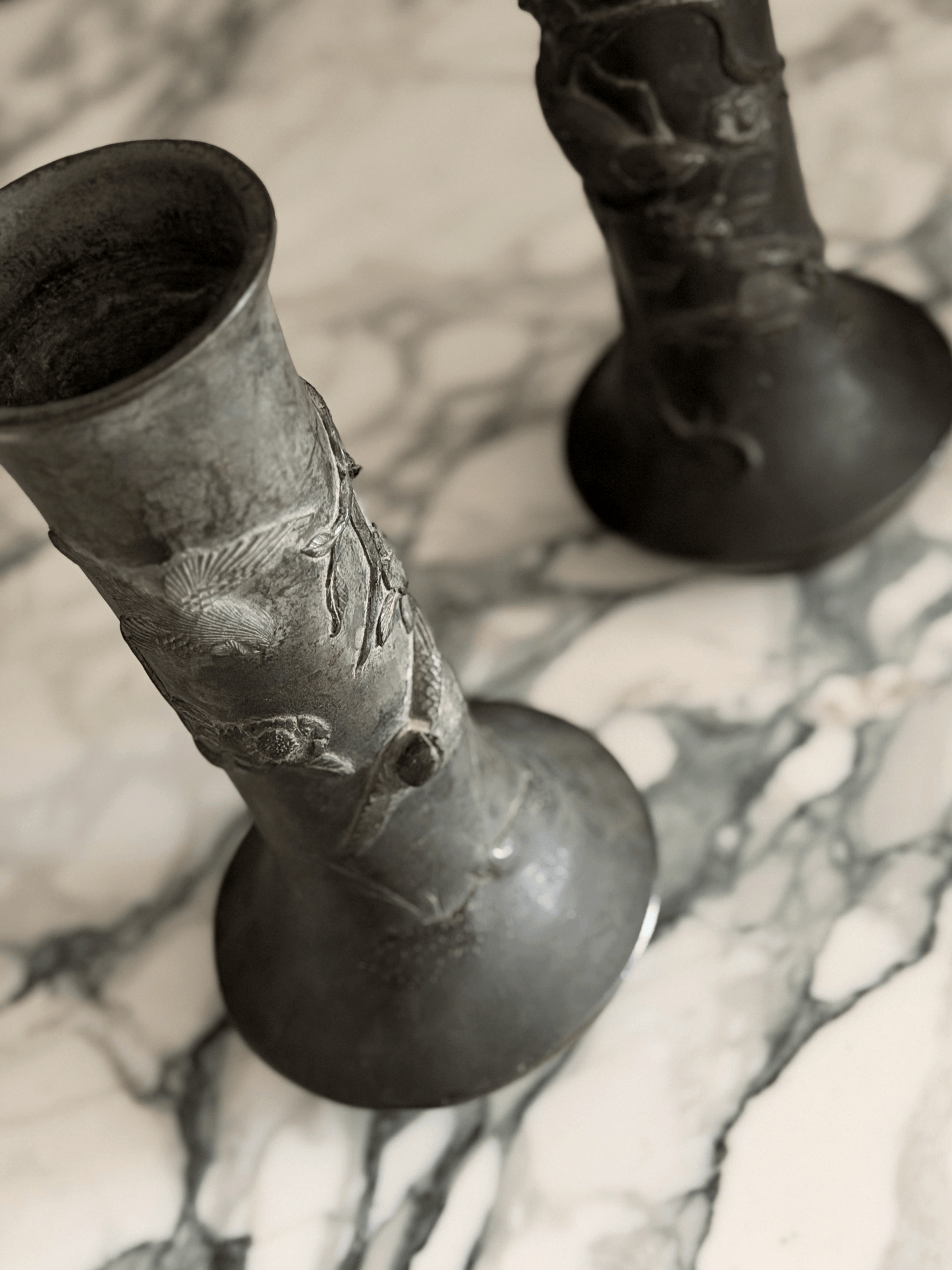Pair of Antique Bronze Vases with Birds