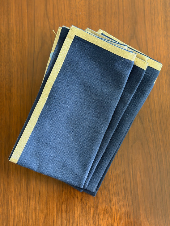 Navy Linen Napkins with Gold Trim, Set of 4