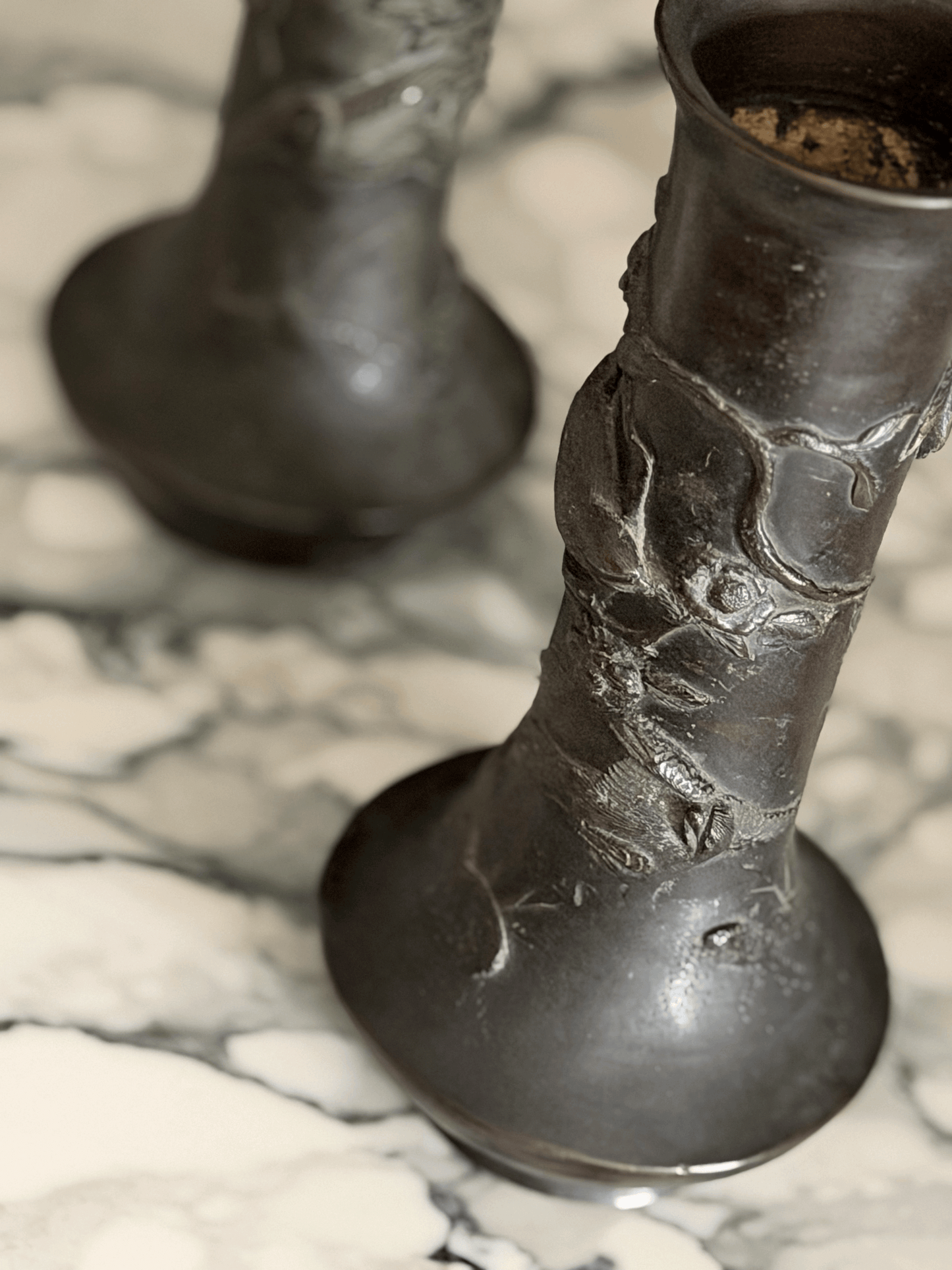 Pair of Antique Bronze Vases with Birds