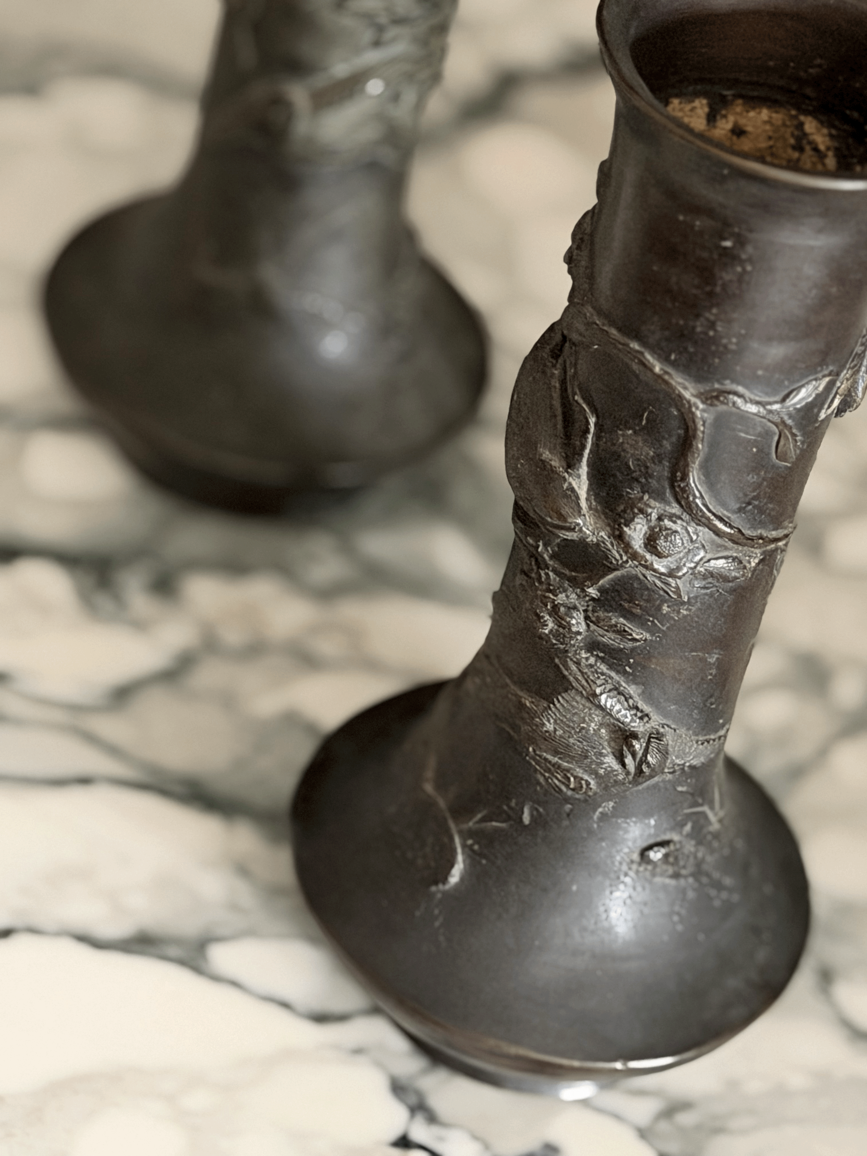 Pair of Antique Bronze Vases with Birds