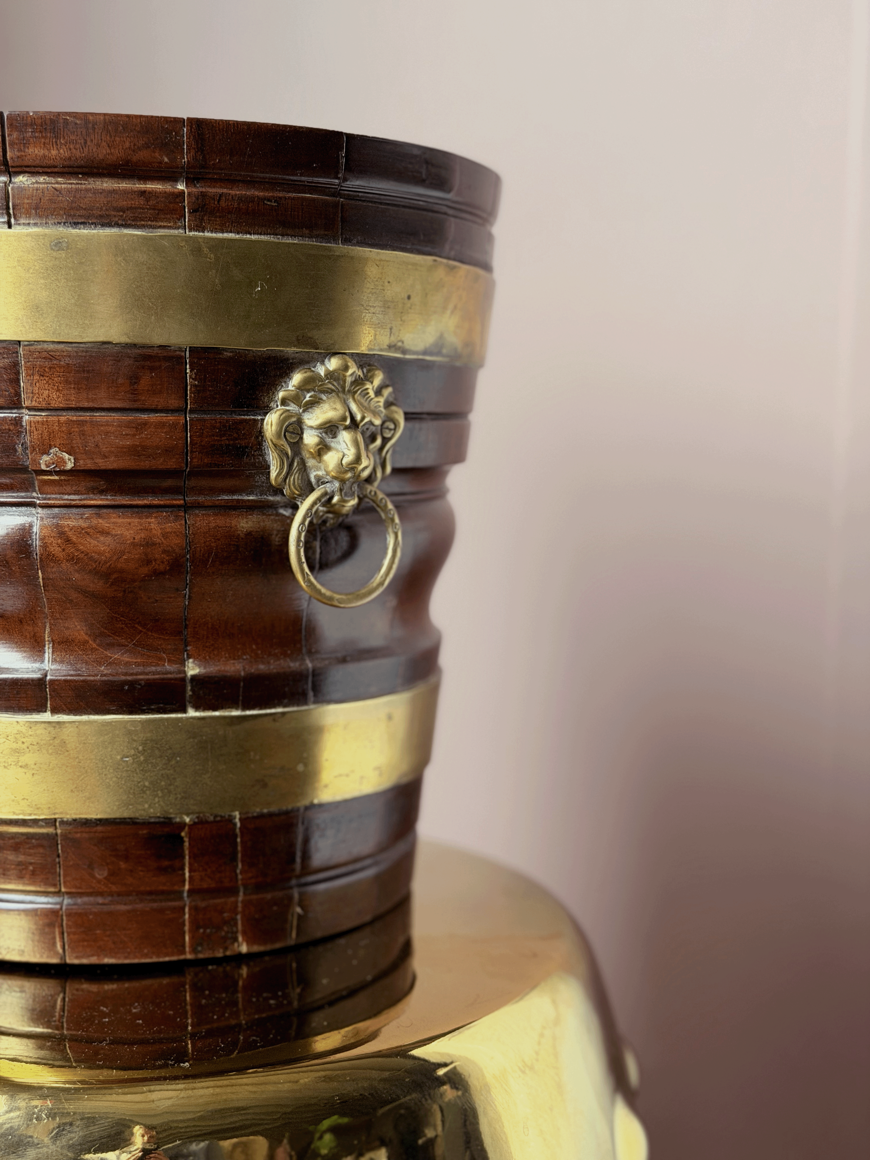 Wooden Vessel with Brass Lion Handles