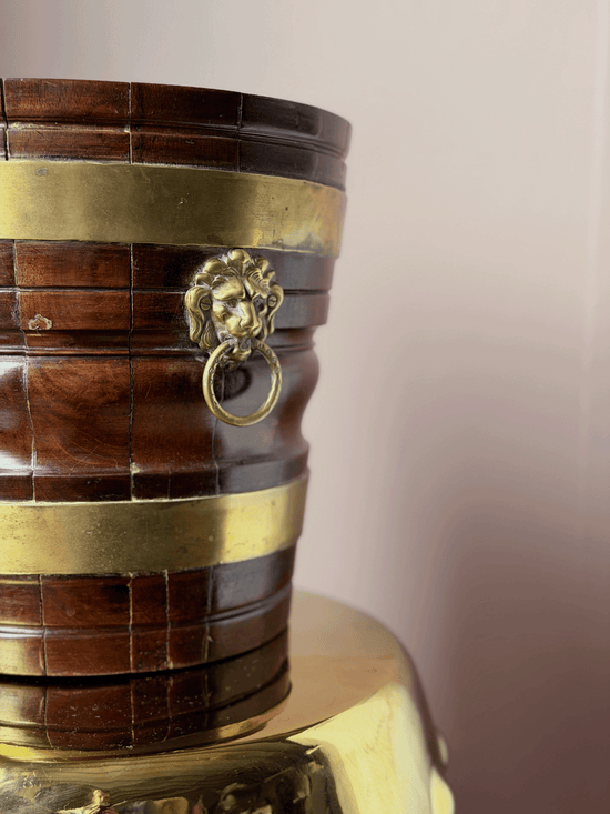 Wooden Vessel with Brass Lion Handles