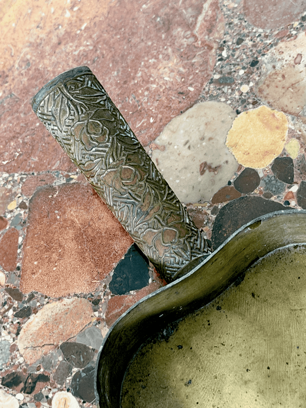 Antique Chinese Qing Dynasty Repoussé Brass Silk Smoothing Pan Iron