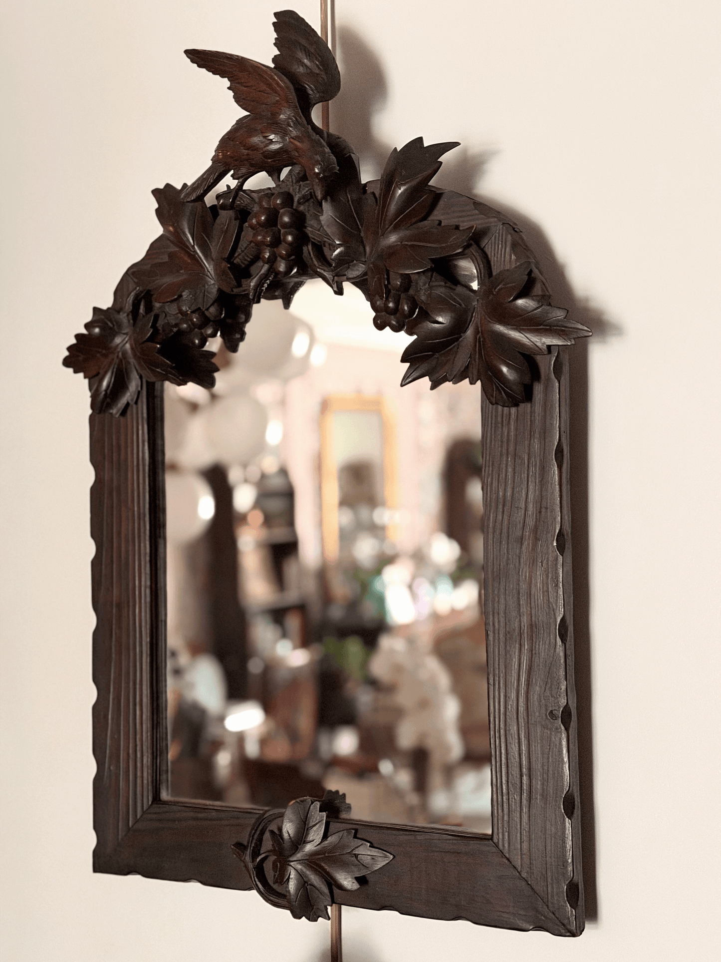 Black Forest 19th Century Bird with Grapes Carved Mirror