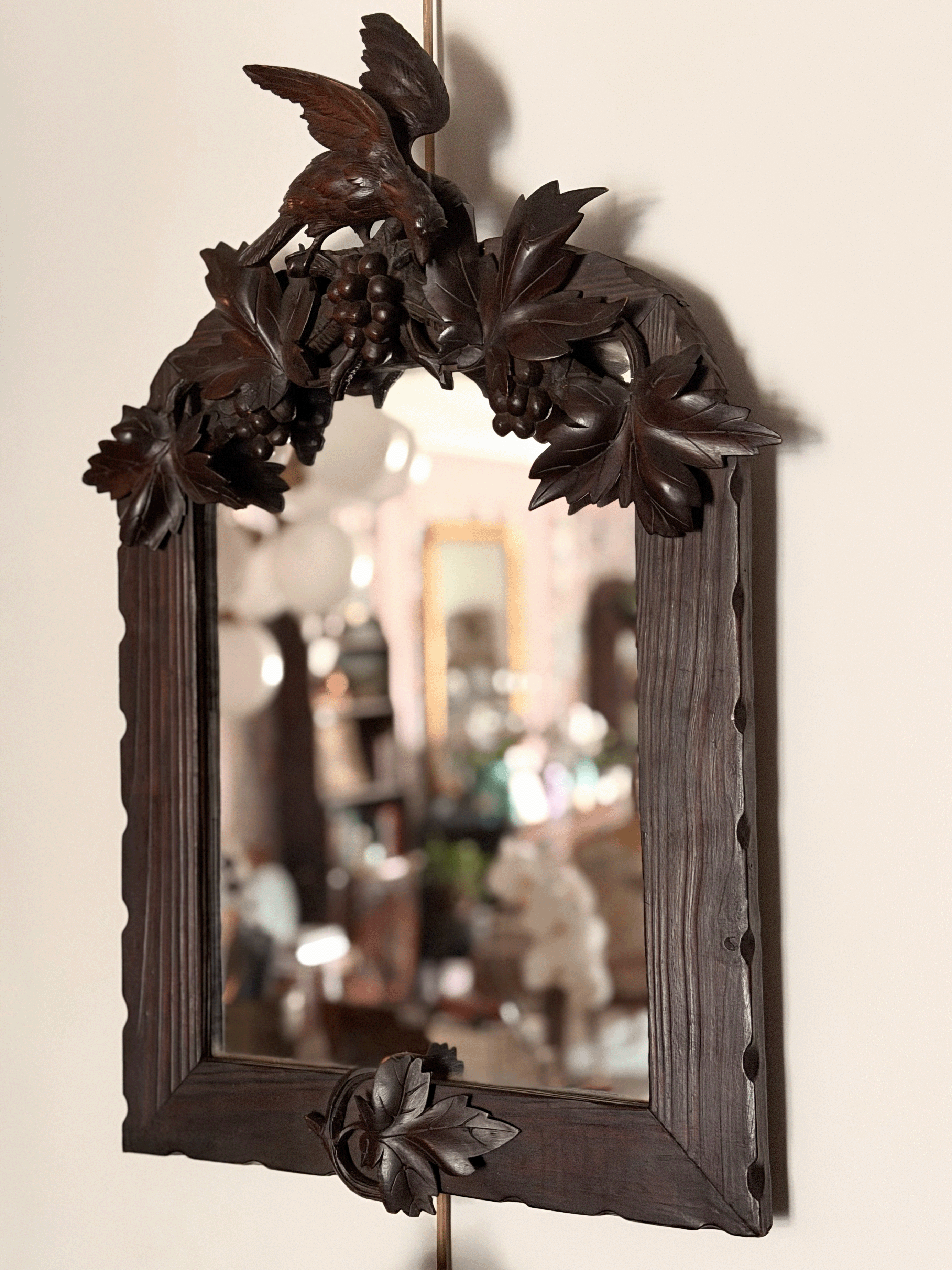 Black Forest 19th Century Bird with Grapes Carved Mirror